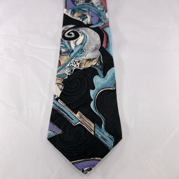 Men’s Silk Neck Tie Abstract Print in Black, Teal, Red, Gold, & Silver ⭐️ EUC - Picture 2 of 4